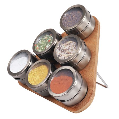 MAGNETIC TRIANGULAR BAMBOO SPICE RACK WITH JARS