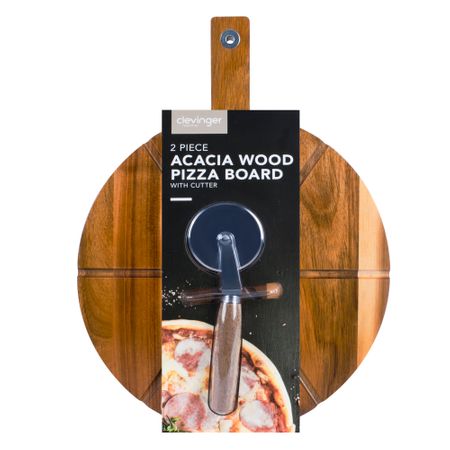 2PC ACACIA WOOD PIZZA BOARD WITH CUTTER