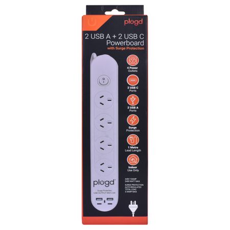 2 USB A + 2 USB C POWERBOARD WITH SURGE PROTECTION