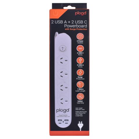 2 USB A + 2 USB C POWERBOARD WITH SURGE PROTECTION
