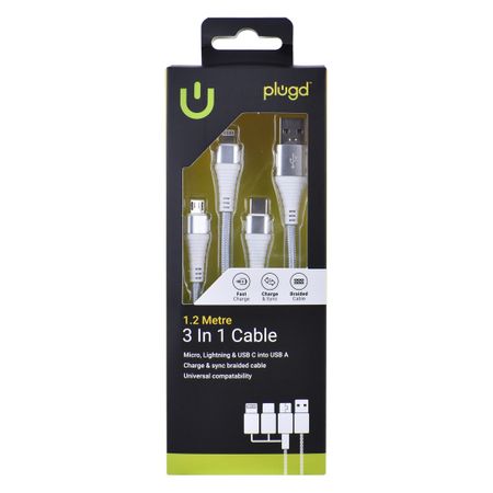 3-IN-1 CHARGE & SYNC CABEL - MICRO, IPHONE AND TYPE C INTO USB A