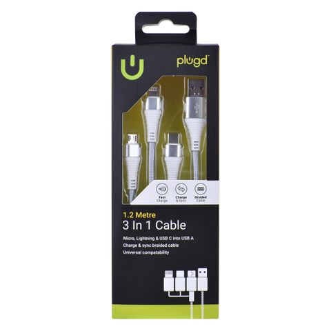 3-IN-1 CHARGE & SYNC CABEL - MICRO, IPHONE AND TYPE C INTO USB A