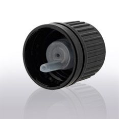 Sample of Screw cap with vertical dropper 1.0mm DIN18 Black Tamper Evident  (ribbed wall)