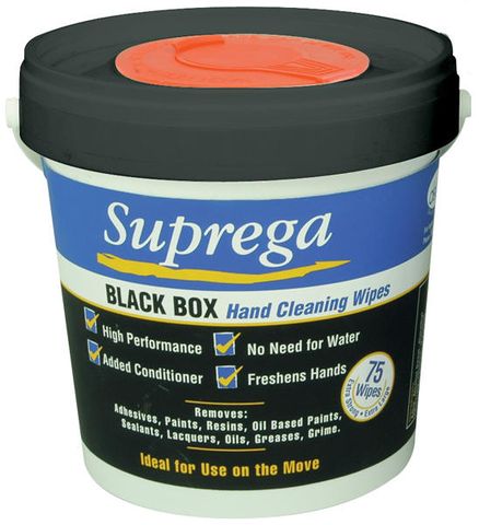 SUPREGA BLACK BOX HAND CLEANING WIPES 75 WIPES PER CARTON