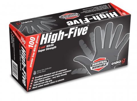 GLOVES HIGH FIVE BLACK DISPOSABLE NITRILE POWDER FREE MED BX 100