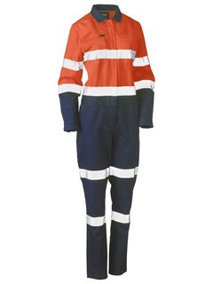 WORKWEAR BISLEY WOMENS TAPED HI VIS COTTON DRILL OVERALL ORANGE/NAVY SZ 8 EA