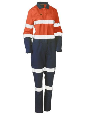 WORKWEAR BISLEY WOMENS TAPED HI VIS COTTON DRILL OVERALL ORANGE/NAVY SZ 8 EA