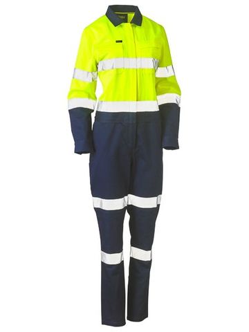 WORKWEAR BISLEY WOMENS TAPED HI VIS COTTON DRILL OVERALL YELLOW/NAVY SZ 8 EA