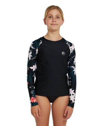 O'Neill Bahia Girl's Long Sleeve Rash Vest - Black Hibiscus