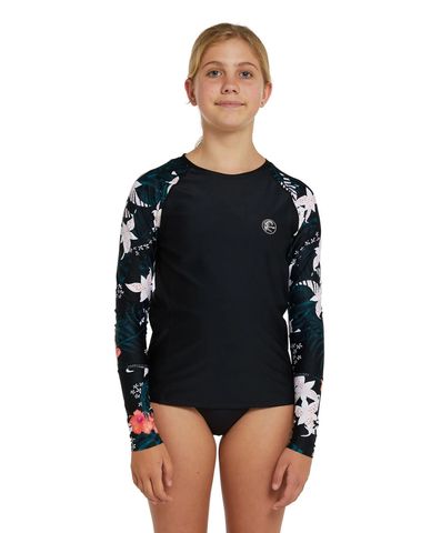 O'Neill Bahia Girl's Long Sleeve Rash Vest - Black Hibiscus