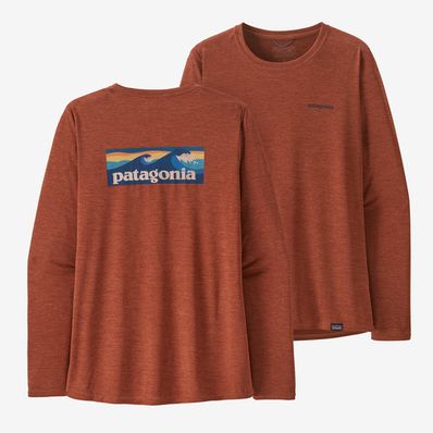 Patagonia Women's Long-Sleeved Capilene Cool Daily Graphic Shirt Boardshort Logo: Burl Red X-Dye
