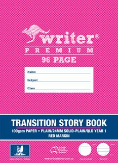 Writer Premium 96pg Transition Story Book 1/2pg Plain-1/2 pg ruled, 24mm solid, Qld Year 1 ruled + red margin