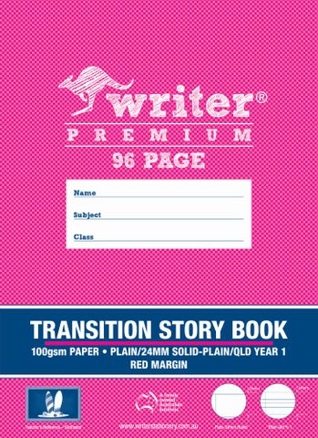 Writer Premium 96pg Transition Story Book 1/2pg Plain-1/2 pg ruled, 24mm solid, Qld Year 1 ruled + red margin