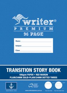 Writer Premium 96pg Transition Story Book 1/2pg Plain-1/2 pg ruled, 24mm solid-24mm Dtd Thirds ruled + red margin