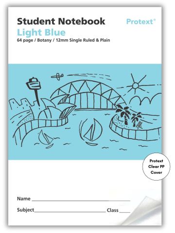 Protext Light Blue 64pg 12mm Single Ruled/Plain Student Notebook