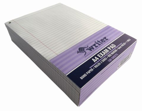 Writer A4 100 Sheet Exam Notepad + 1 Hole