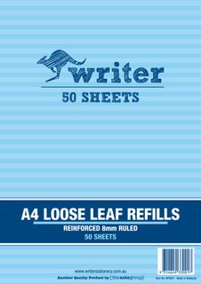 Writer A4 50lf 8mm Ruled Reinforced Refills