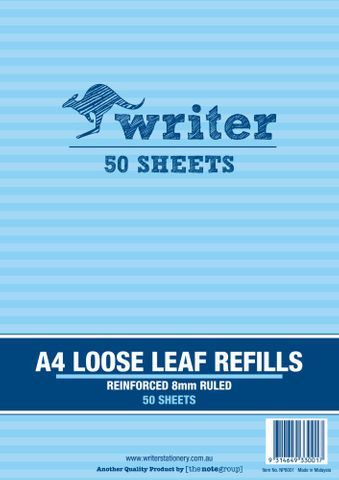Writer A4 50lf 8mm Ruled Reinforced Refills