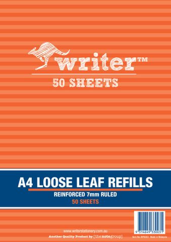 Writer A4 50lf 7mm Ruled Reinforced Refills