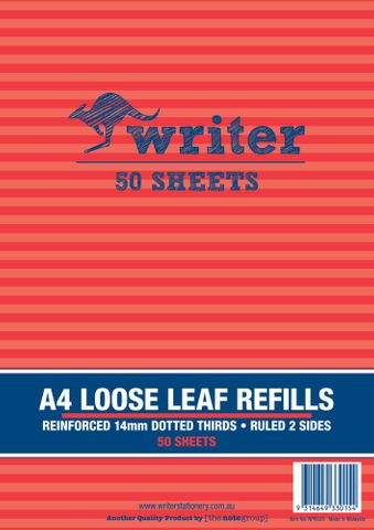 Writer A4 50lf 14mm Dotted Thirds Reinforced Refills
