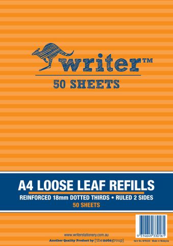 Writer A4 50lf 18mm Dotted Thirds Reinfiorced Refills