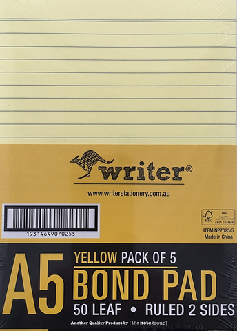 Writer A5 50lf Yellow Bond Ruled Notepad Pk5