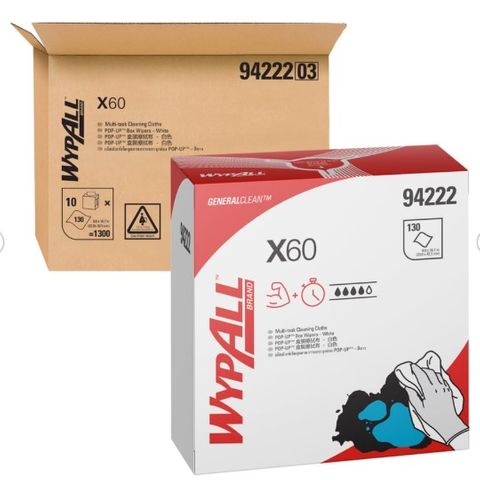 KC Wypall X60 Pop Up Wiper White 23cm x 42.5cm 10x130/carton (94222)