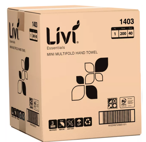 Livi 1ply Essentials Mini Multifold Hand Towel Ctn/40 (1403) New Look