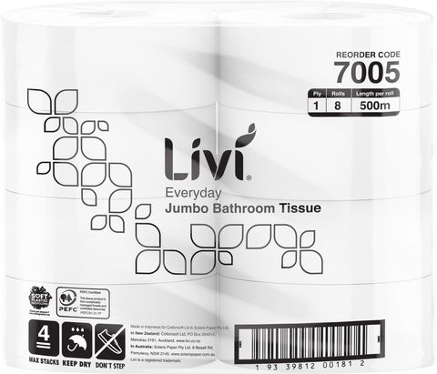 Livi Everyday 1ply Jumbo Toilet Rolls 500m Ctn/8 (7005)