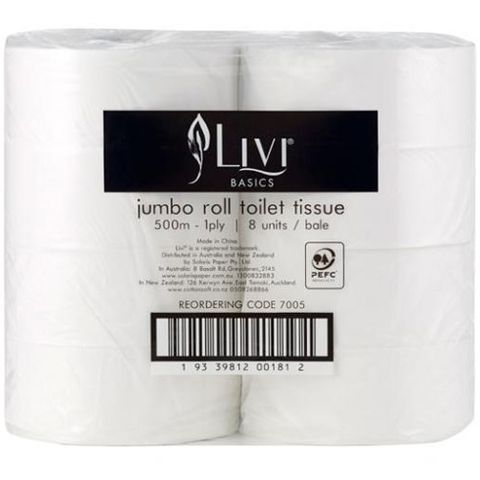 Livi Everyday 1ply Jumbo Toilet Rolls 500m Ctn/8 (7005)