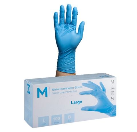 Gloves Nitrile Blue P/Free Long Cuff Medium Pk/100