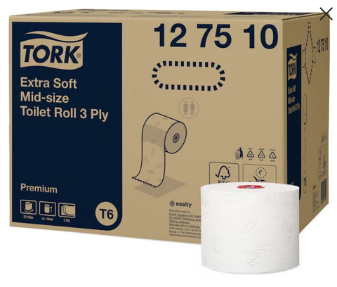 Tork T6 Premium 3ply Soft Mid-size Toilet Rolls Ctn/27 (127510)
