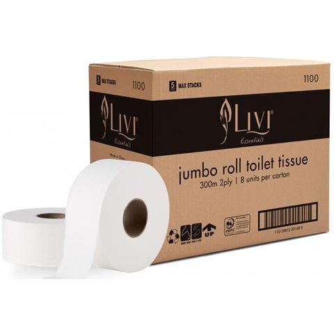 Livi Essentials 2ply Jumbo Toilet Rolls Ctn/8 (1100)