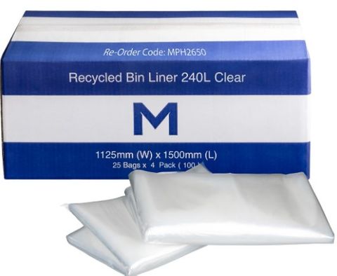 Bin Liner 240L Clear Recycled 100mu Pk/10