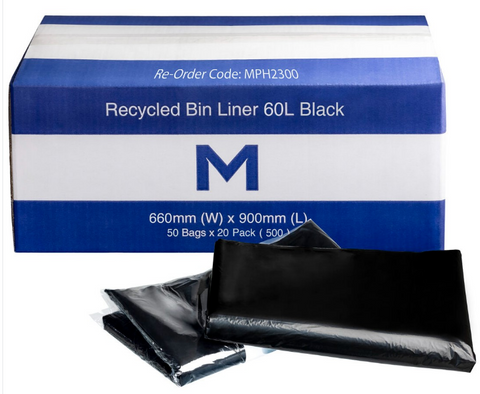 M Rubbish Bags 60L Black 900x650mm 30mu Pk/50
