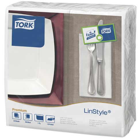 Tork 1ply LinStyle 8-Fold Dinner Napkins White Ctn/12 (478145)