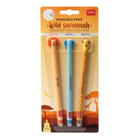 Legami - Erasable Gel Pens Set of 3 - Display Pack of 12 pcs - Wild Savannah