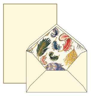 Rossi Medioevalis Cream Feathers multi Set Box 10 sheet 16.5x21.5cm 120gsm envelopes lined feathers multi