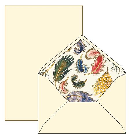Rossi Medioevalis Cream Feathers multi Set Box 10 sheet 16.5x21.5cm 120gsm envelopes lined feathers multi