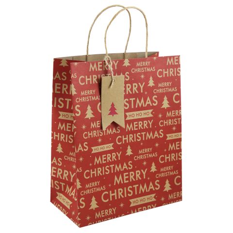 Eurowrap - Red Merry Christmas Text Kraft - Large Gift Bag