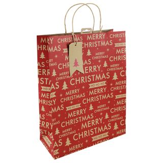 Eurowrap - Red Merry Christmas Text Kraft - Extra Large Gift Bag