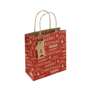 Eurowrap - Red Merry Christmas Text Kraft - Medium Gift Bag