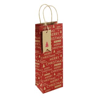 Eurowrap - Red Merry Christmas Text Kraft - Bottle Bag