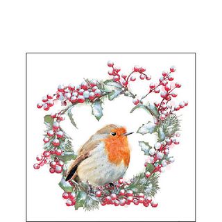 Ambiente - Paper Napkins Christmas - Pack of 20 - Cocktail Size - Robin In Wreath
