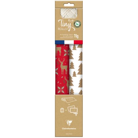 Clairefontaine - Pack of 2 Tiny Rolls (5m x 0.35m) + Ribbon + Tags - 70gsm Kraft - Red/White