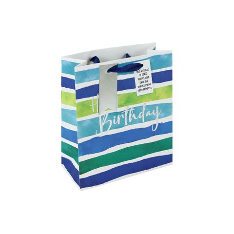 Eurowrap - Birthday Stripes Blue Green - Medium Gift Bag