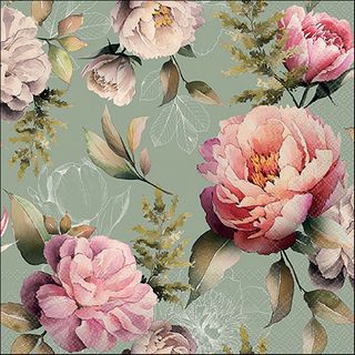 Ambiente - Paper Napkins - Pack of 20 - Luncheon Size - Peonies Composition Green
