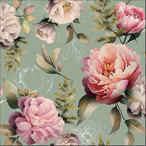 Ambiente - Paper Napkins - Pack of 20 - Luncheon Size - Peonies Composition Green