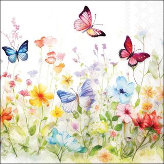 Ambiente - Paper Napkins - Pack of 20 - Luncheon Size - Butterflies in Field - White