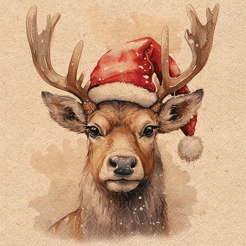 Ambiente - Paper Napkins Christmas - Pack of 20 - Luncheon Size - Recycled Deer With Santa Hat